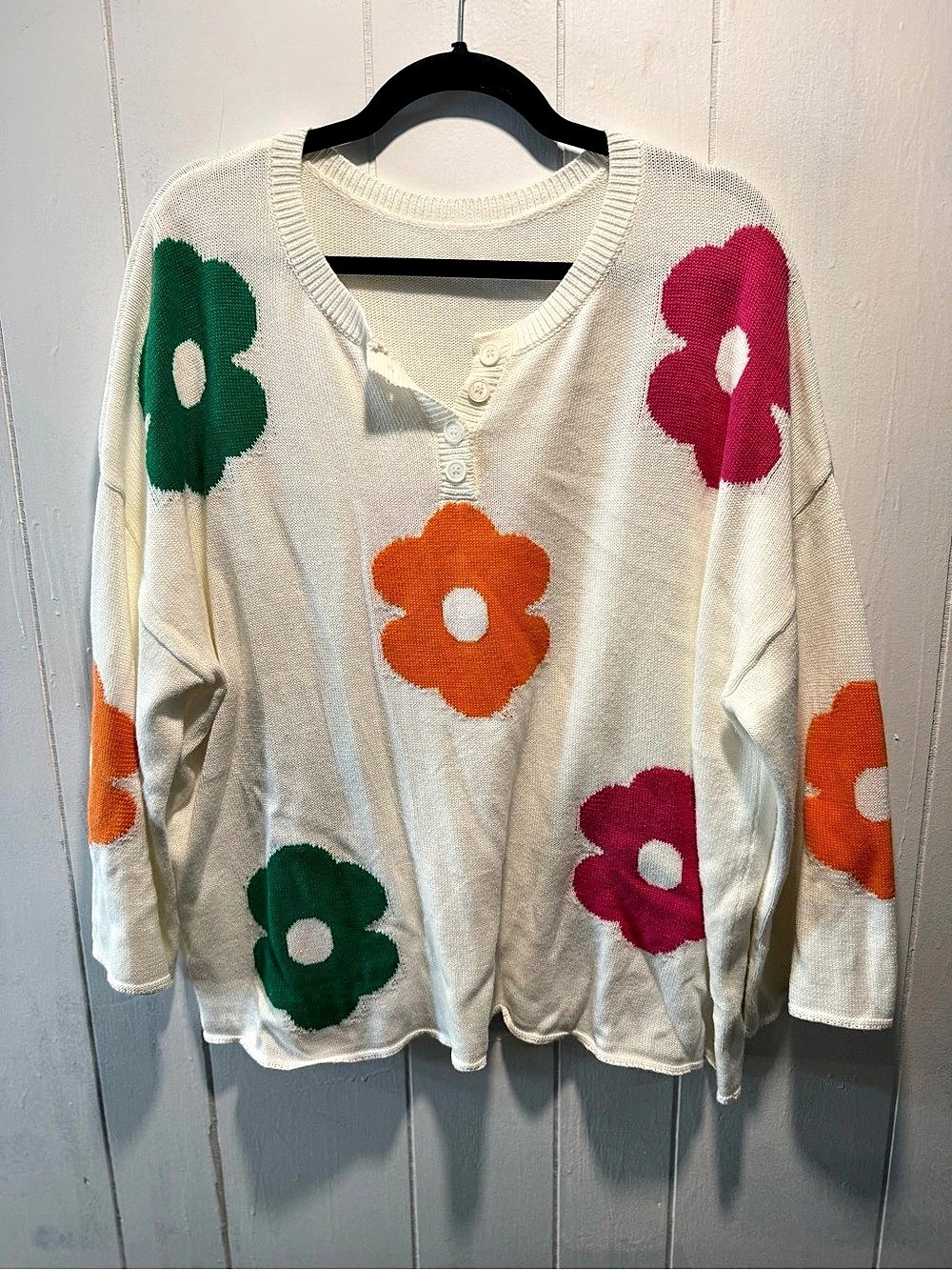 Floral Sweater in White,Orange & Green Size Large